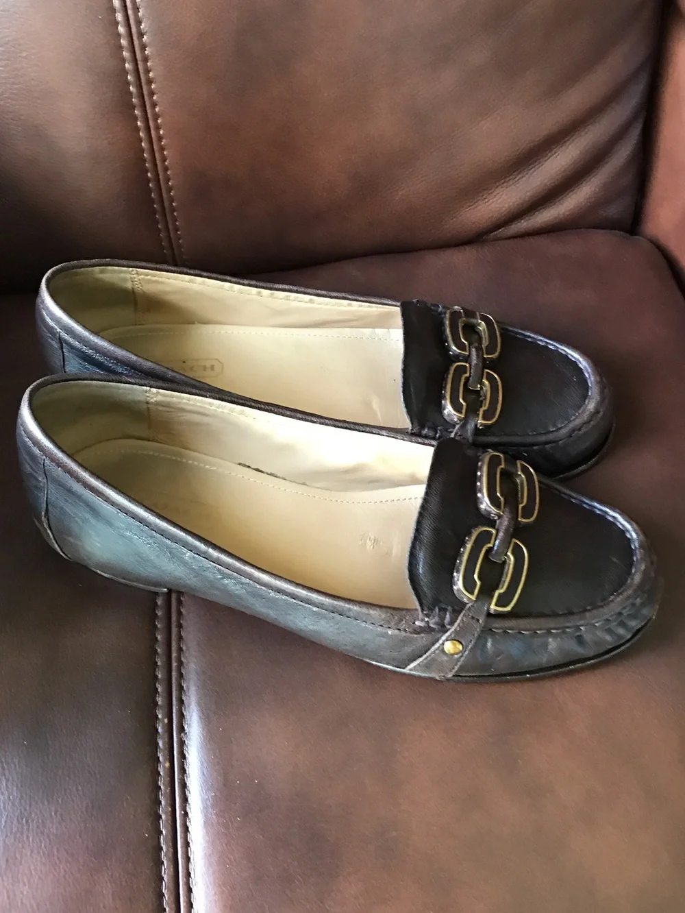 Coach Brown Leather Slip-On Loafers with Gold Hardware